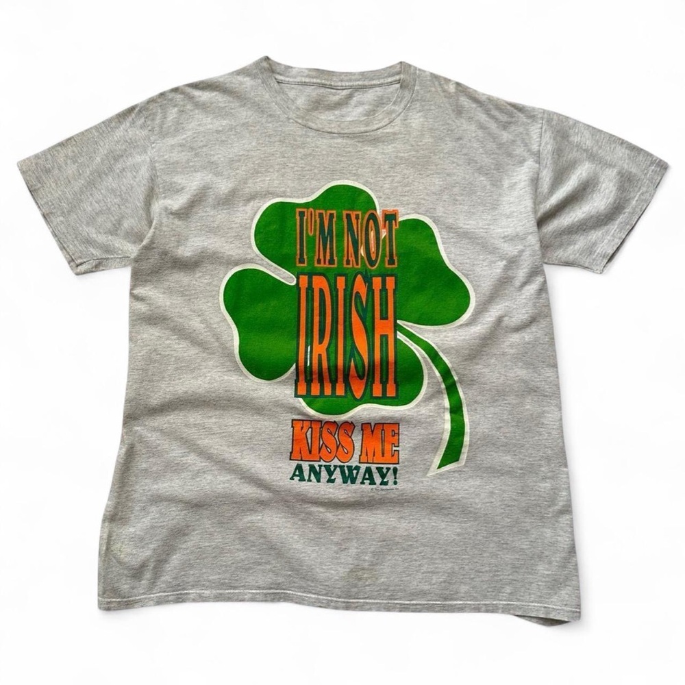 Vintage 1990s Gray Graphic Tee with Green Shamrock and Orange Lettering L